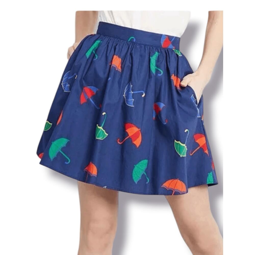 ModCloth Share Your Flare Umbrella Print Skater Skirt Navy Cotton Circle Skirt
